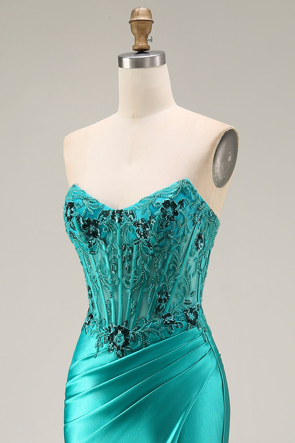 Mermaid Satin Strapless Corset Peacock Prom Dress