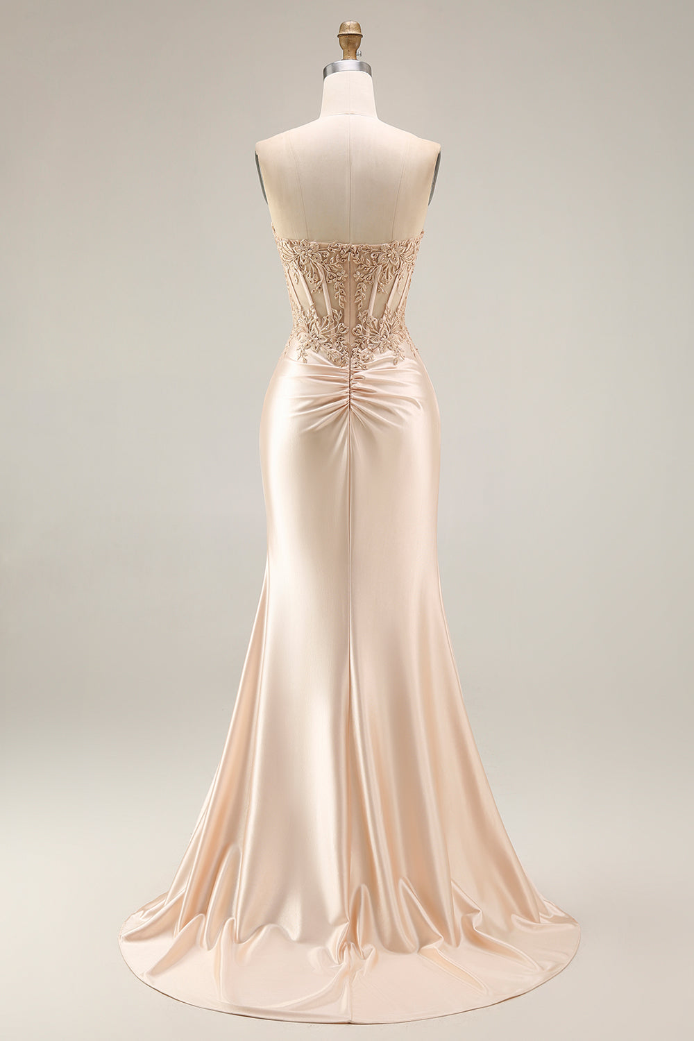 Strapless Mermaid Appliqued Corset Champagne Prom Dress