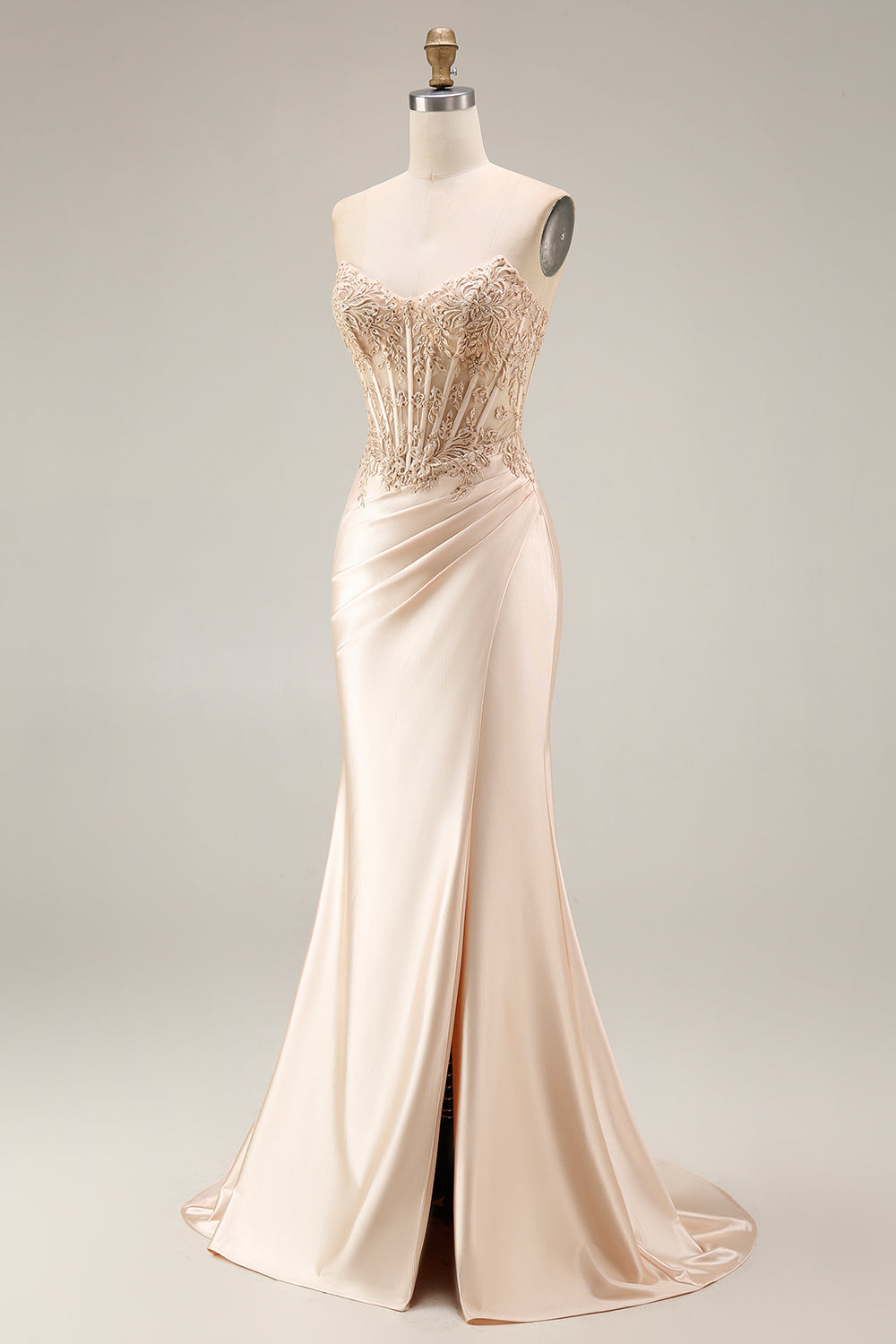 Strapless Mermaid Appliqued Corset Champagne Prom Dress