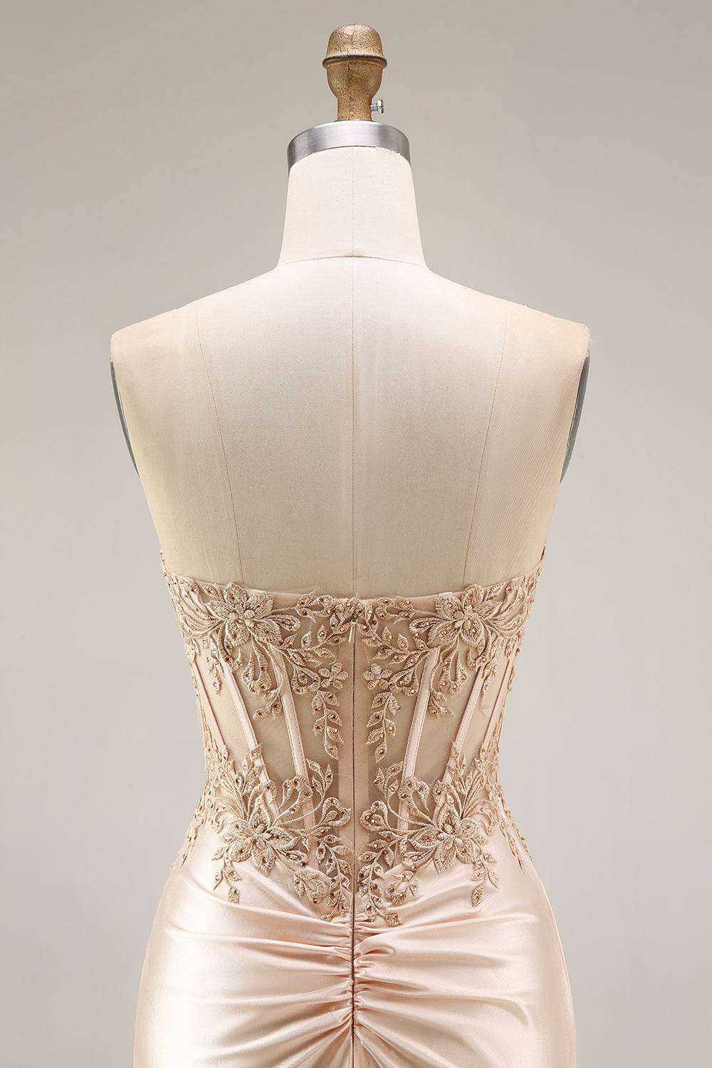 Strapless Mermaid Appliqued Corset Champagne Prom Dress