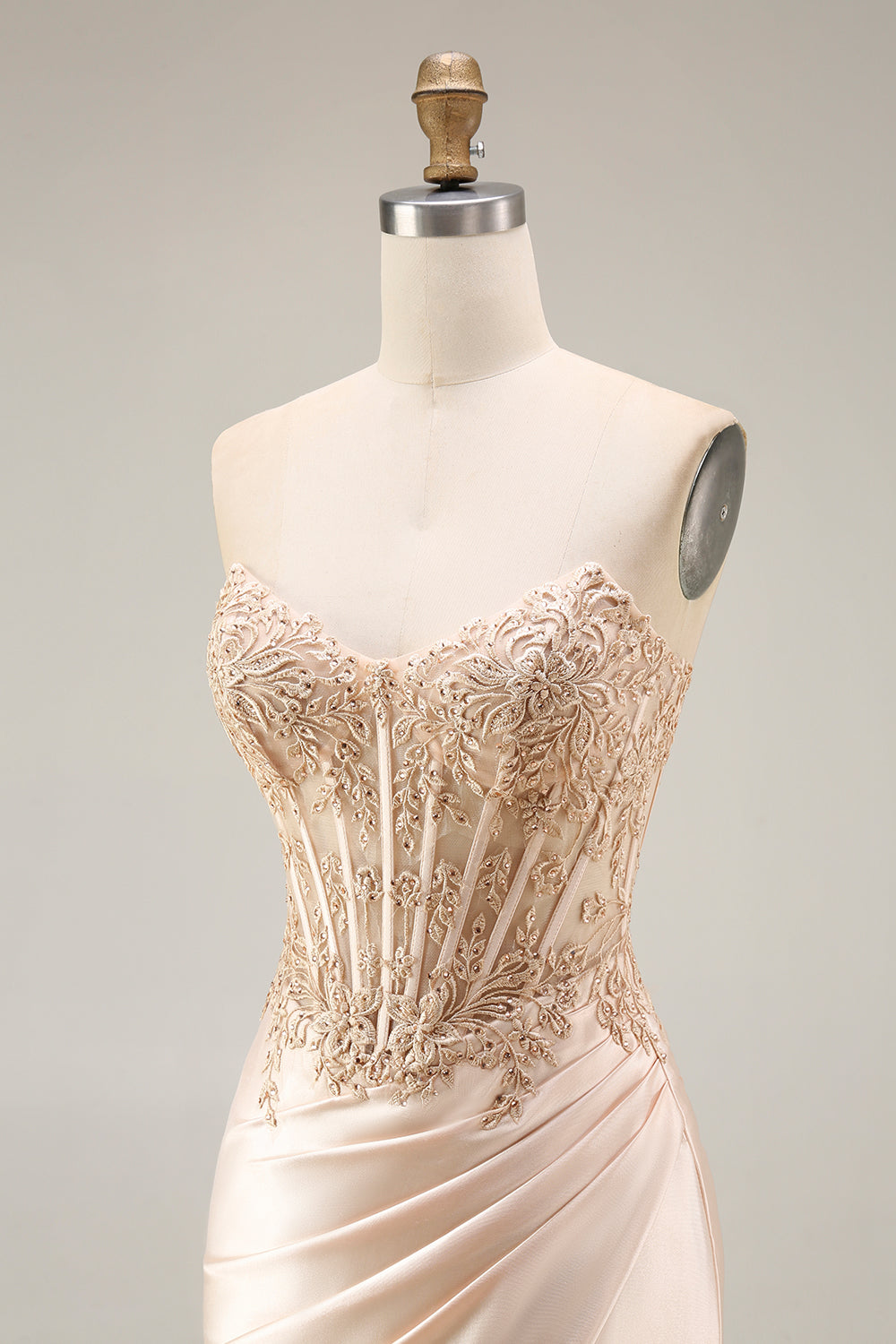 Strapless Mermaid Appliqued Corset Champagne Prom Dress