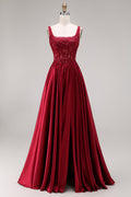 Burgundy Corset Sequin A Line Satin Prom Dress