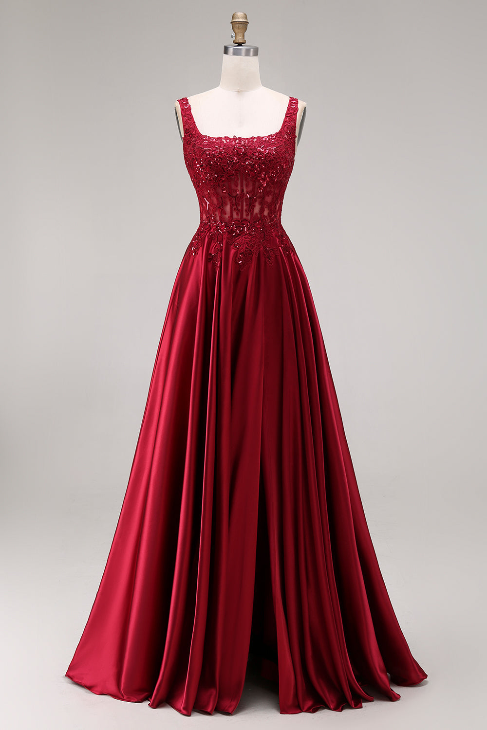 Burgundy Corset Sequin A Line Satin Prom Dress