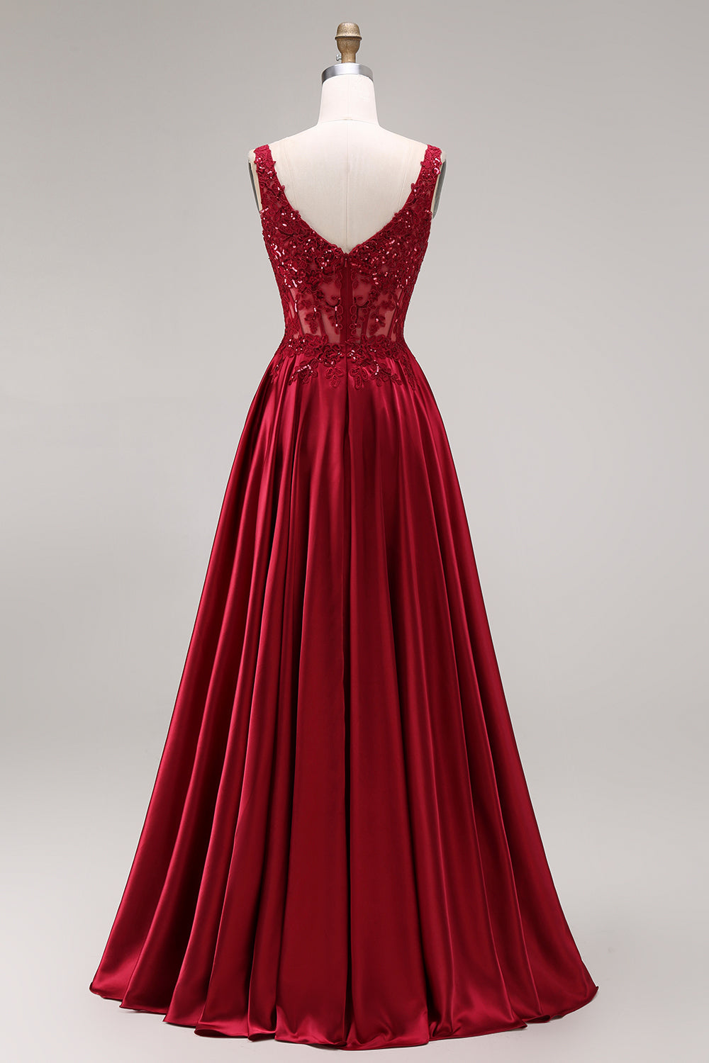 Burgundy Corset Sequin A Line Satin Prom Dress