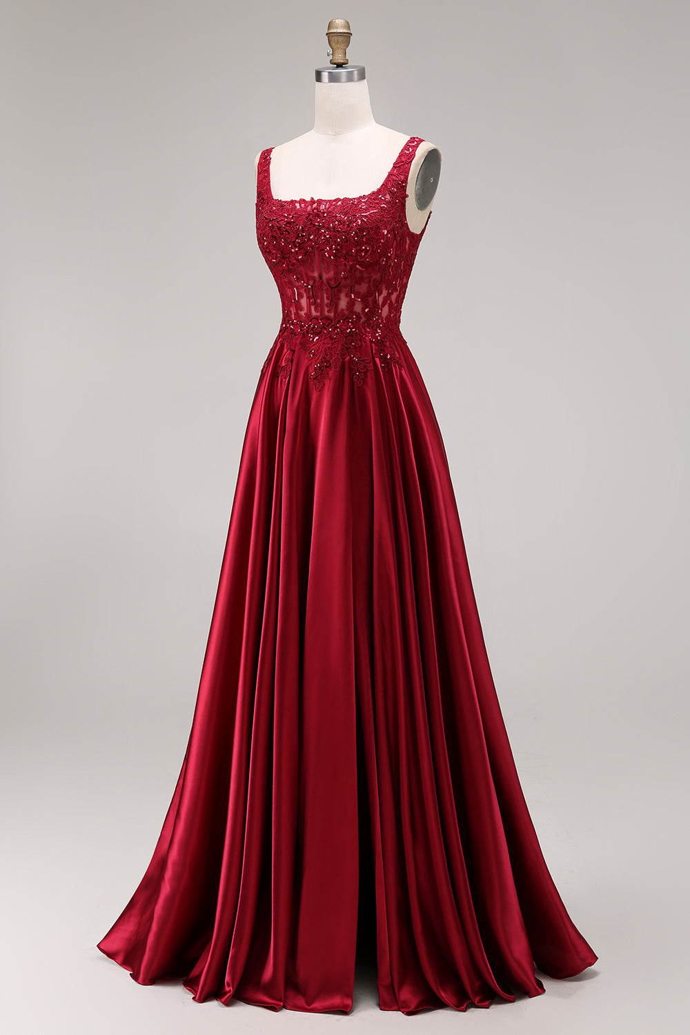 Burgundy Corset Sequin A Line Satin Prom Dress