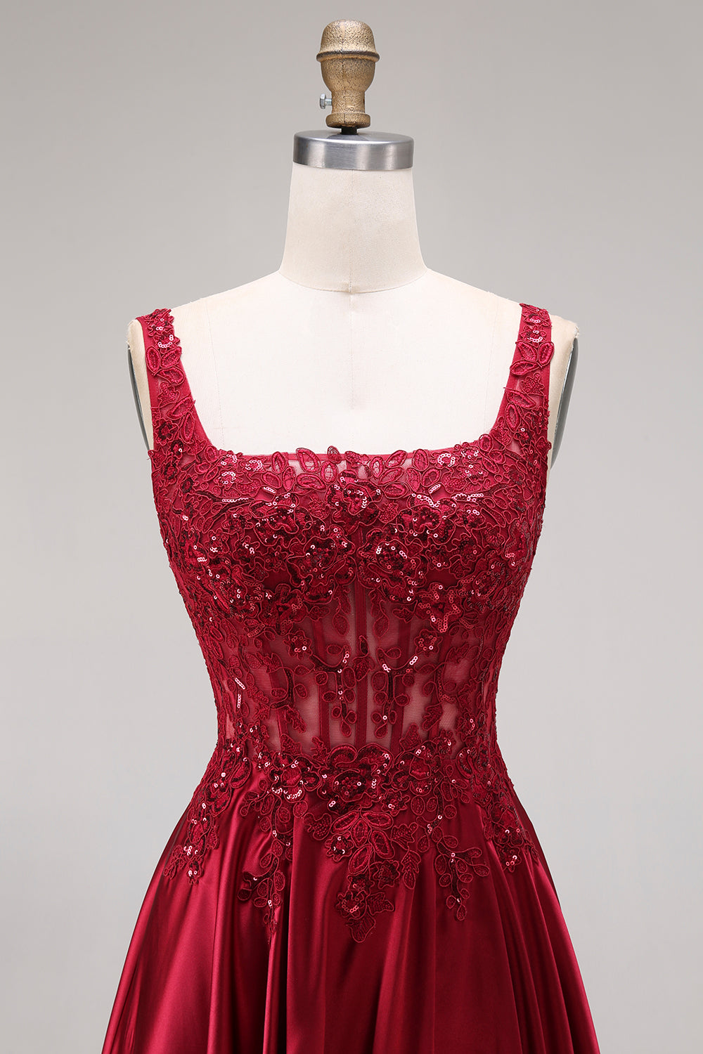 Burgundy Corset Sequin A Line Satin Prom Dress