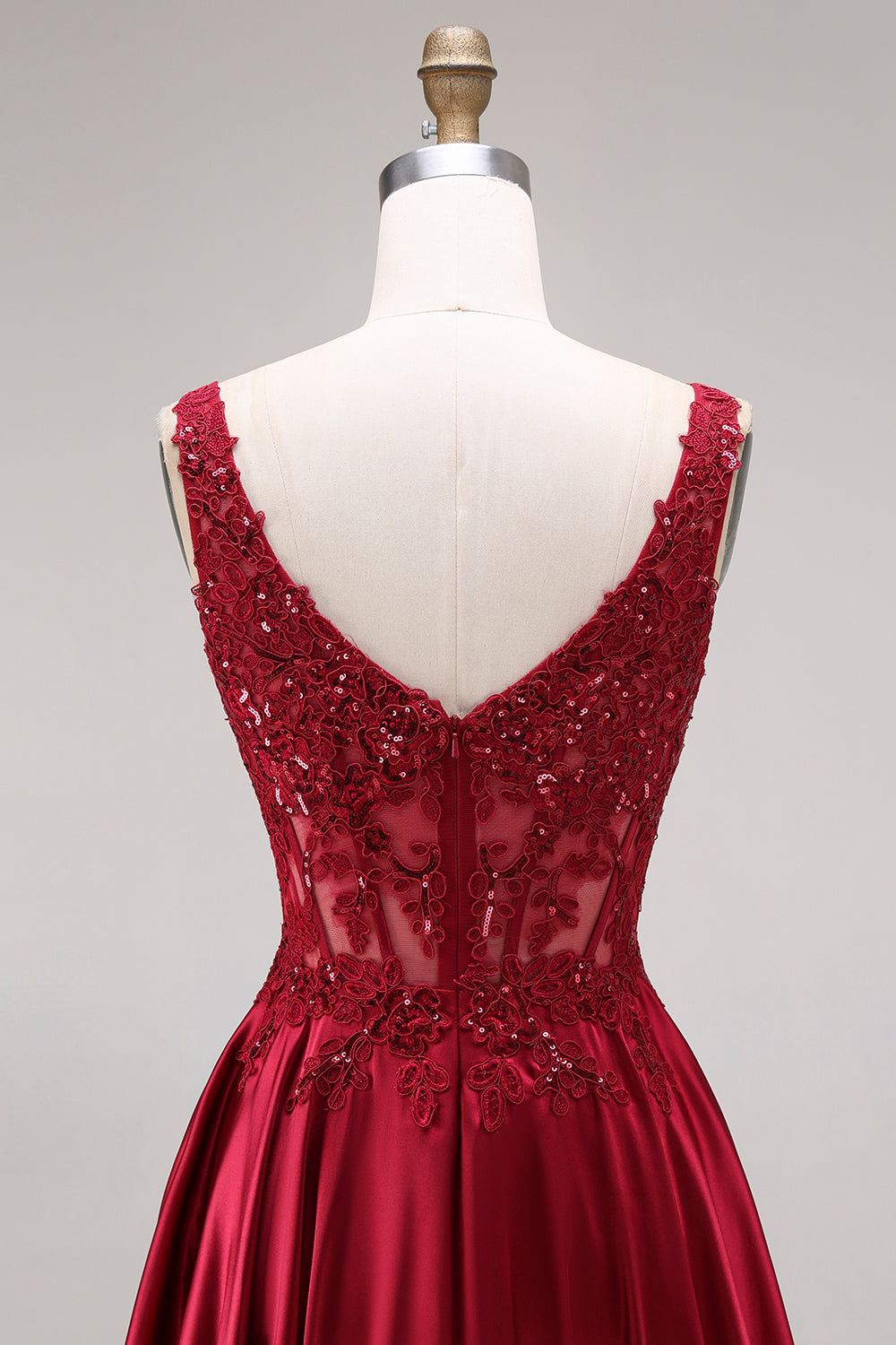 Burgundy Corset Sequin A Line Satin Prom Dress