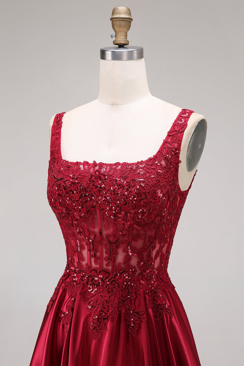 Burgundy Corset Sequin A Line Satin Prom Dress