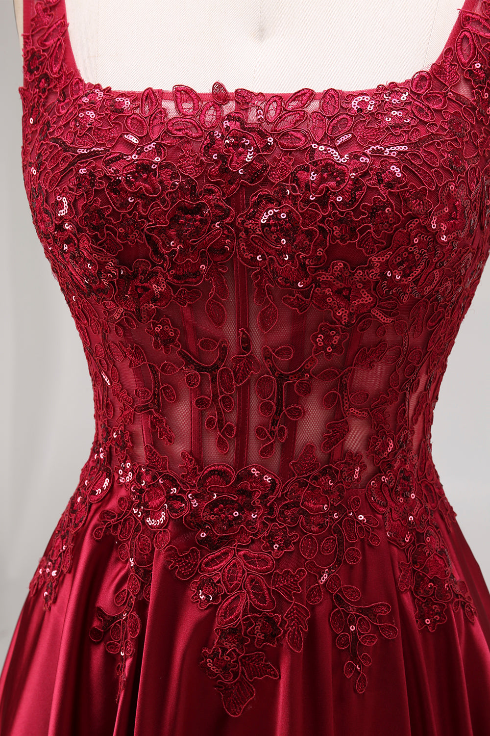Burgundy Corset Sequin A Line Satin Prom Dress