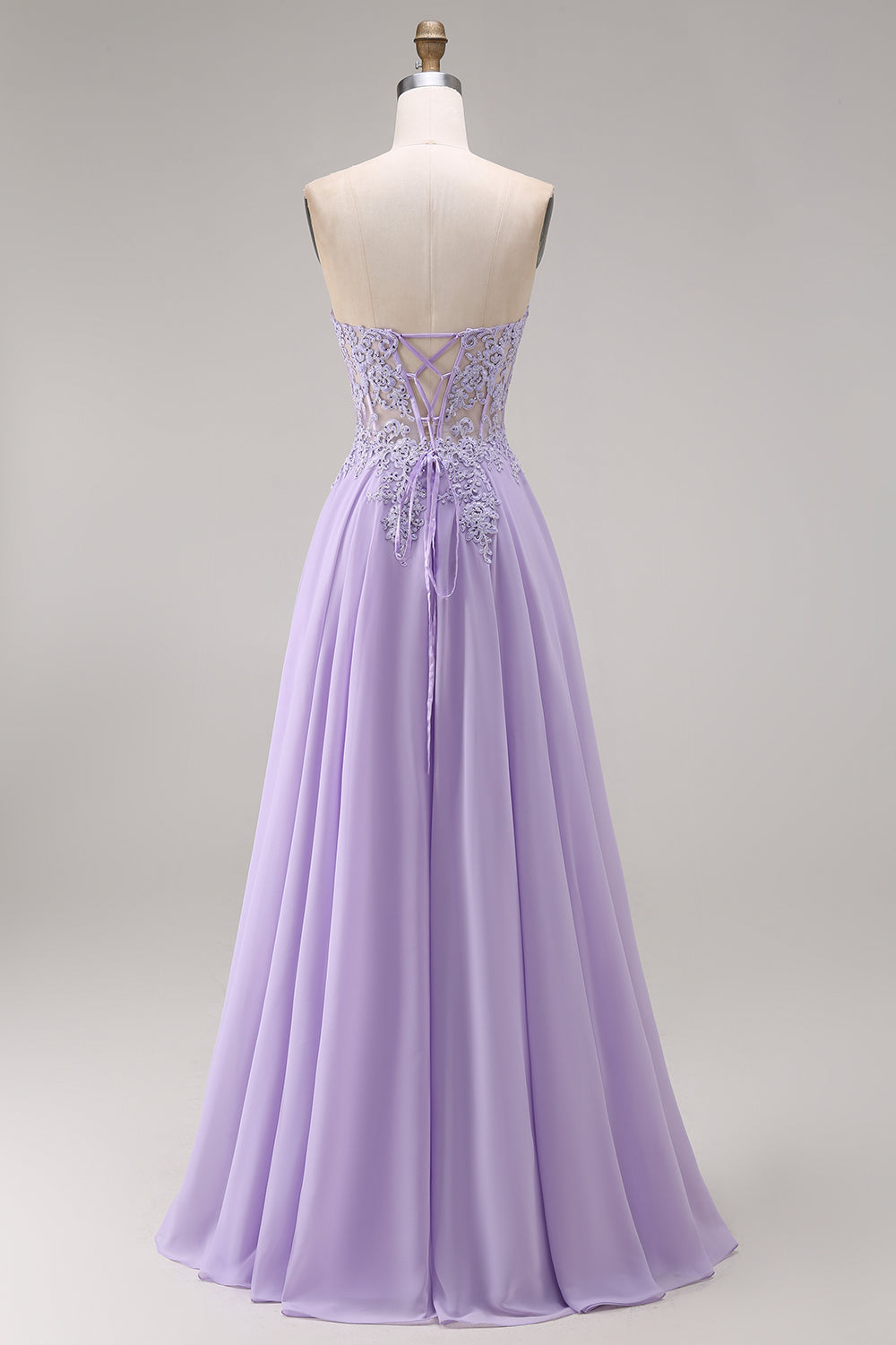 Strapless Lilac Corset Appliqued A Line Prom Dress