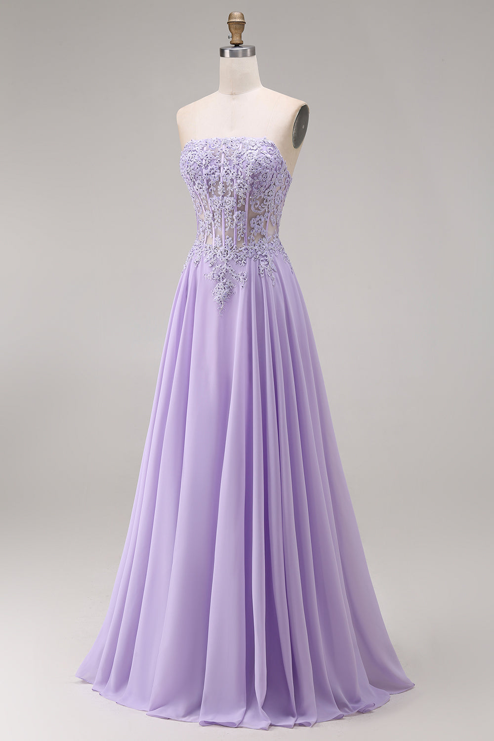 Strapless Lilac Corset Appliqued A Line Prom Dress