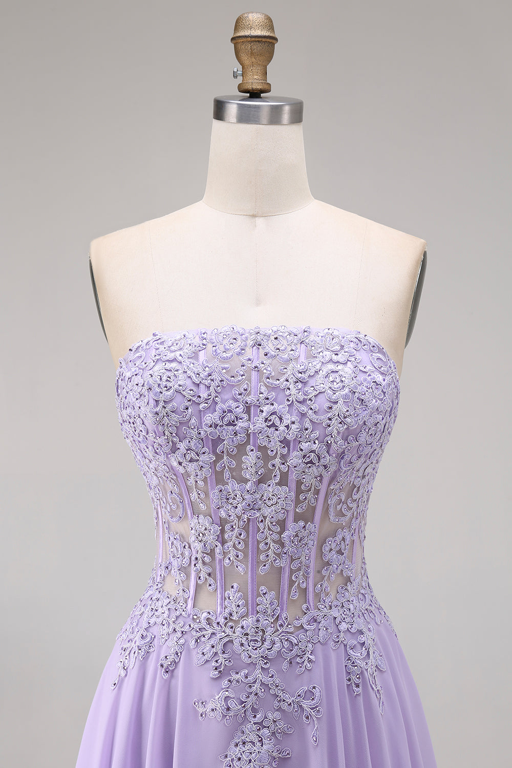 Strapless Lilac Corset Appliqued A Line Prom Dress