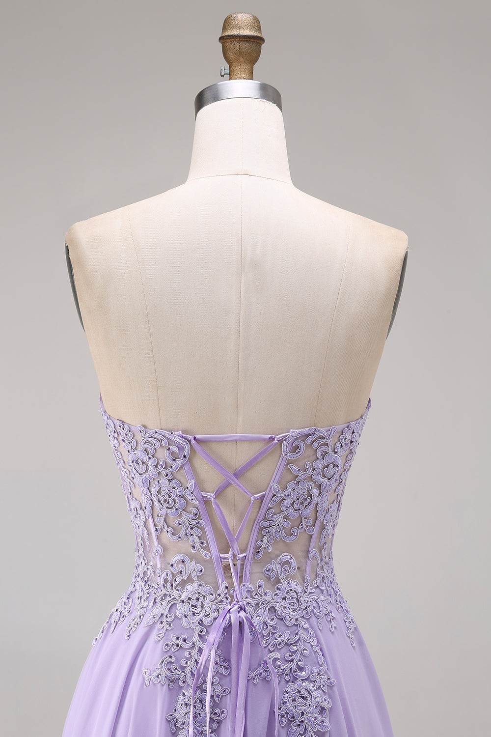 Strapless Lilac Corset Appliqued A Line Prom Dress