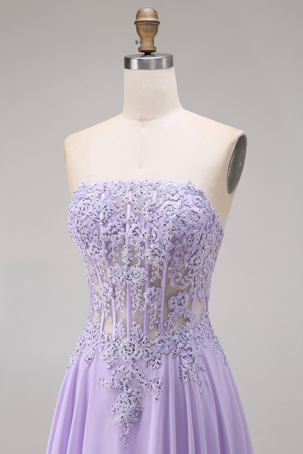 Strapless Lilac Corset Appliqued A Line Prom Dress