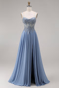 Blue Corset Appliqued Satin A Line Prom Dress with Slit