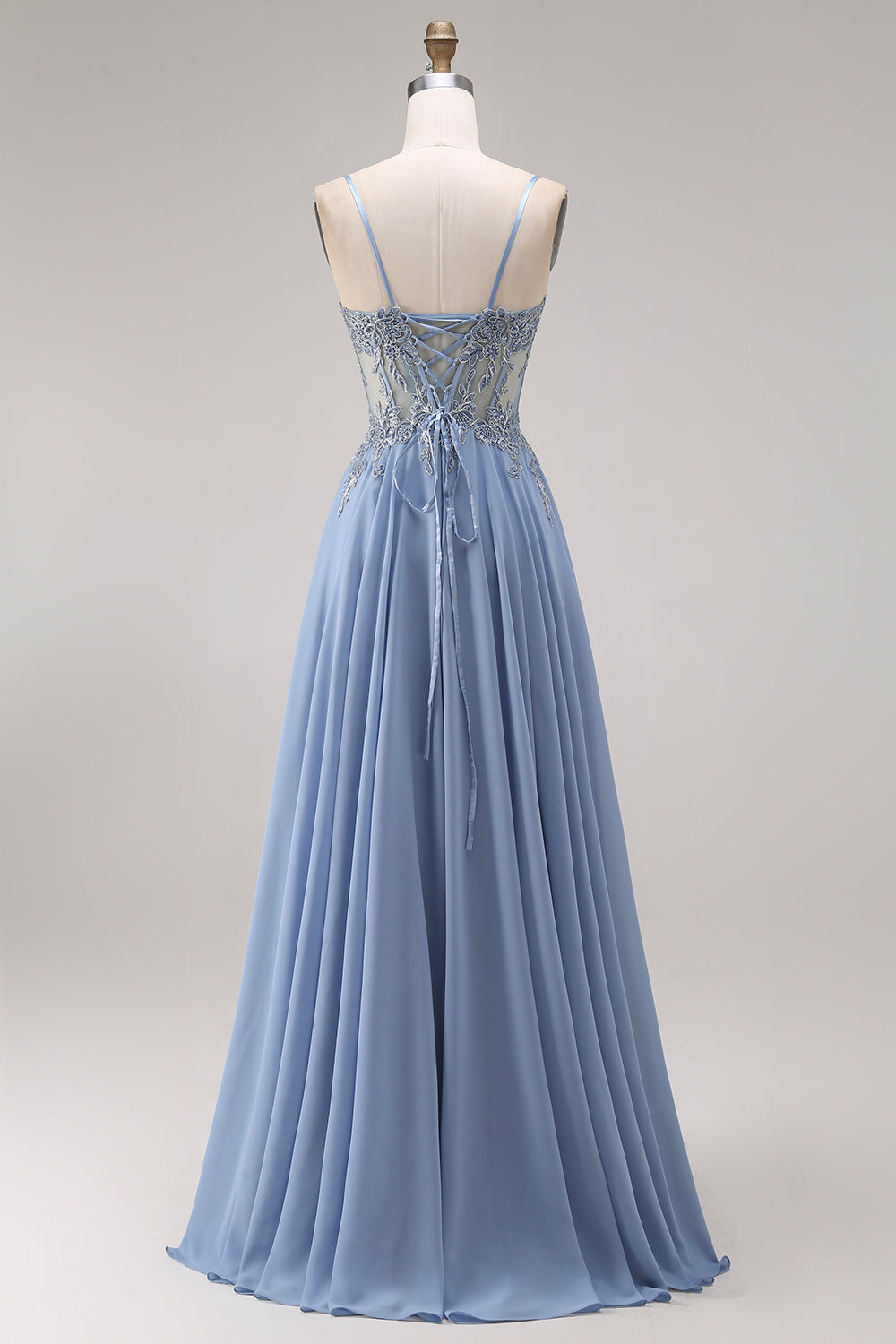 Blue Corset Appliqued Satin A Line Prom Dress with Slit