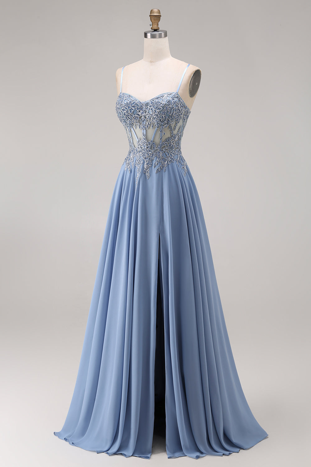 Blue Corset Appliqued Satin A Line Prom Dress with Slit