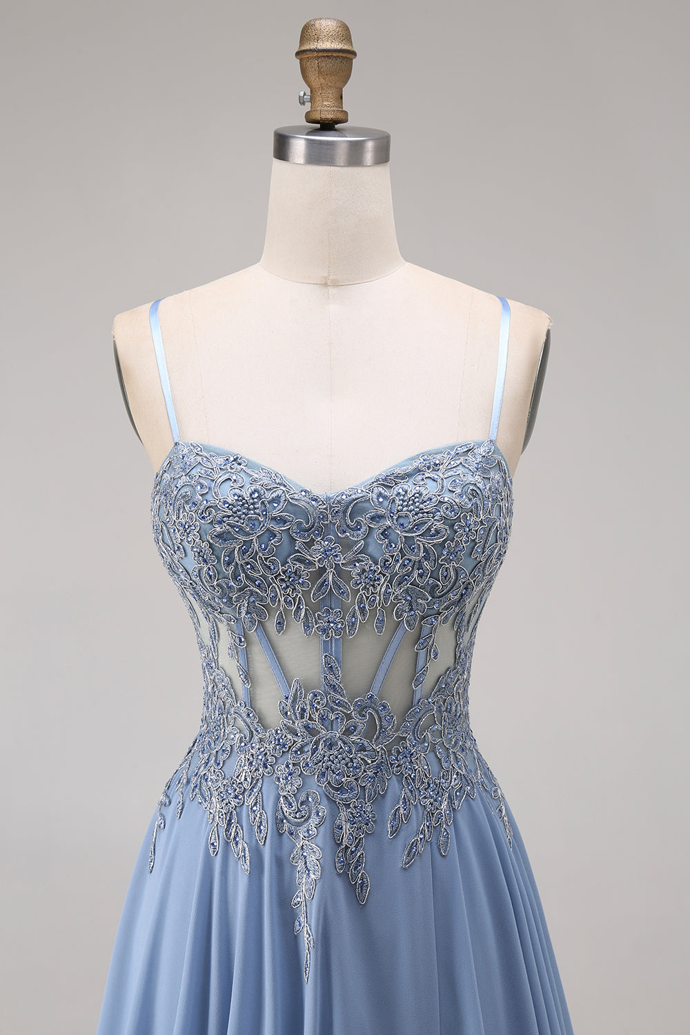 Blue Corset Appliqued Satin A Line Prom Dress with Slit