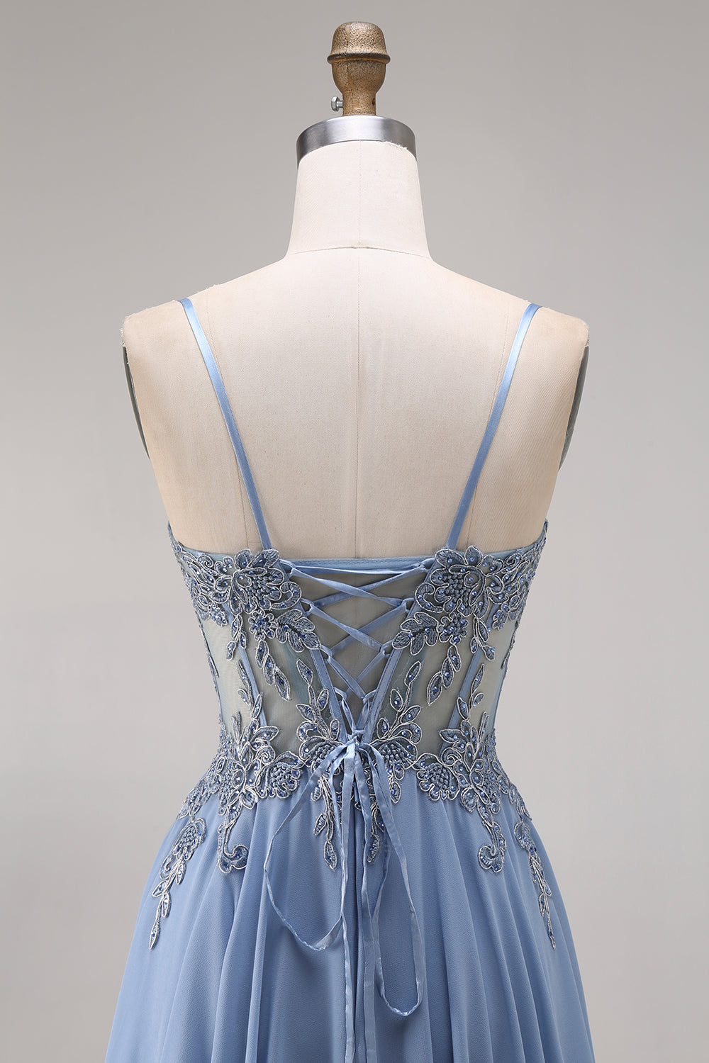 Blue Corset Appliqued Satin A Line Prom Dress with Slit