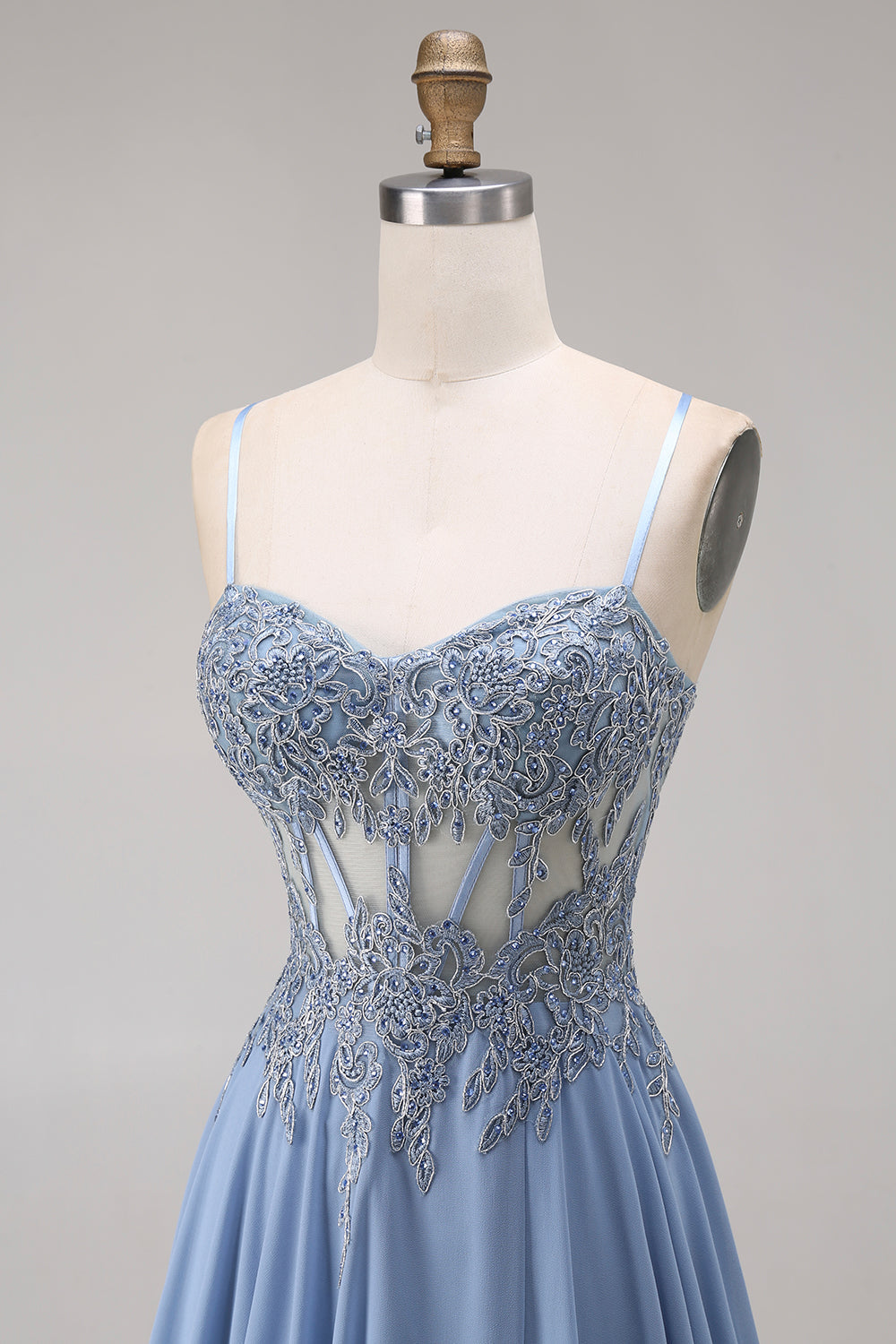 Blue Corset Appliqued Satin A Line Prom Dress with Slit