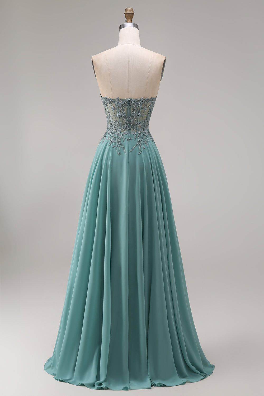 Strapless Eucalyptus Corset Appliqued Beaded A Line Prom Dress