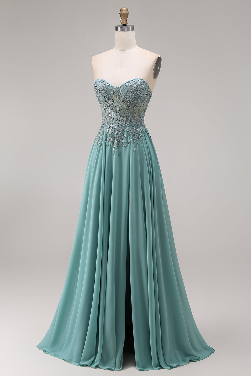 Strapless Eucalyptus Corset Appliqued Beaded A Line Prom Dress