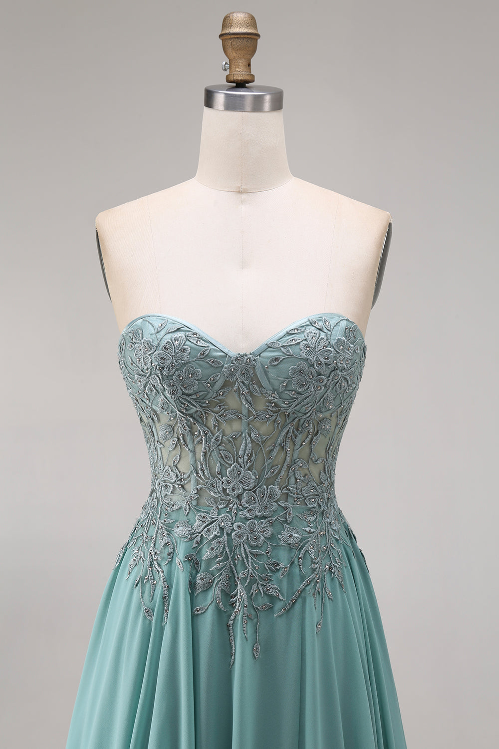 Strapless Eucalyptus Corset Appliqued Beaded A Line Prom Dress