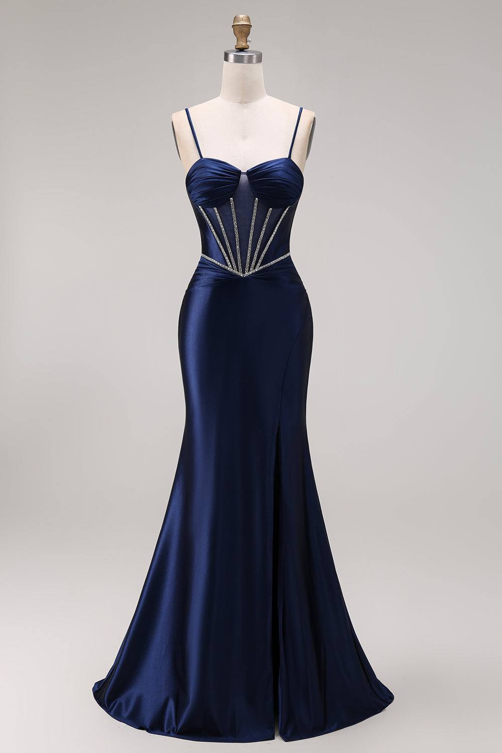 Navy Mermaid Satin Corset Ruched Prom Dress