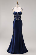 Navy Mermaid Satin Corset Ruched Prom Dress