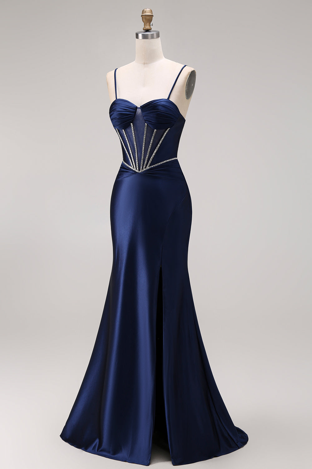 Navy Mermaid Satin Corset Ruched Prom Dress