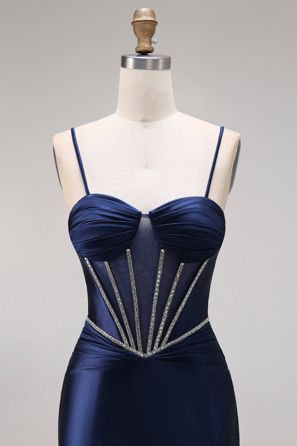 Navy Mermaid Satin Corset Ruched Prom Dress