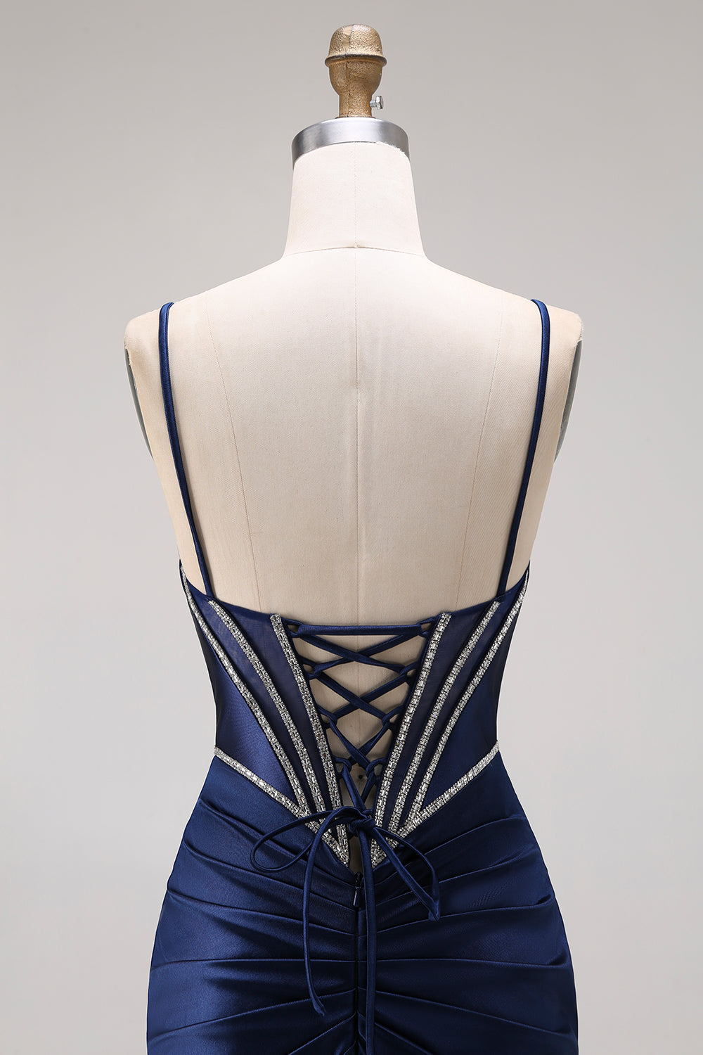 Navy Mermaid Satin Corset Ruched Prom Dress