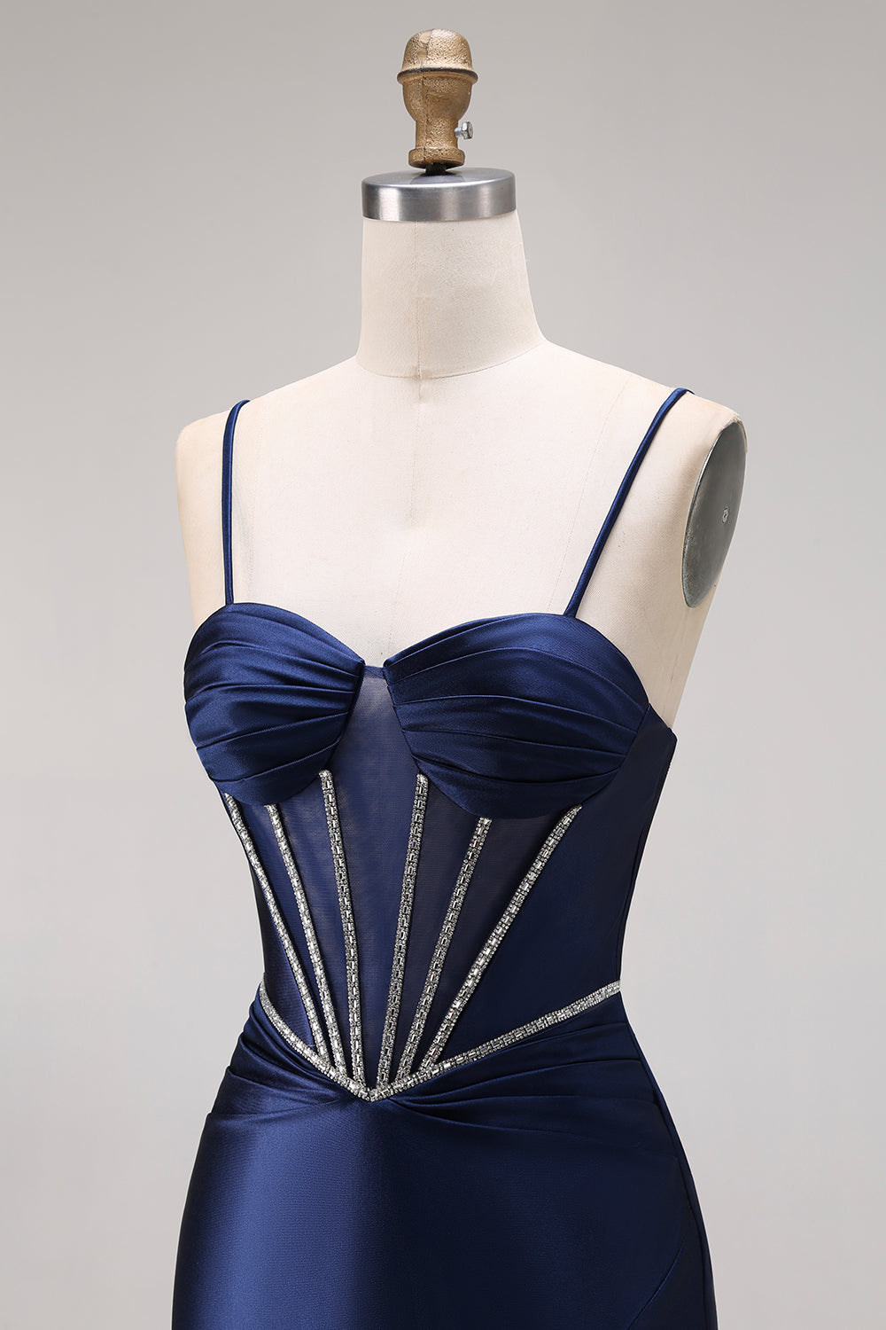 Navy Mermaid Satin Corset Ruched Prom Dress