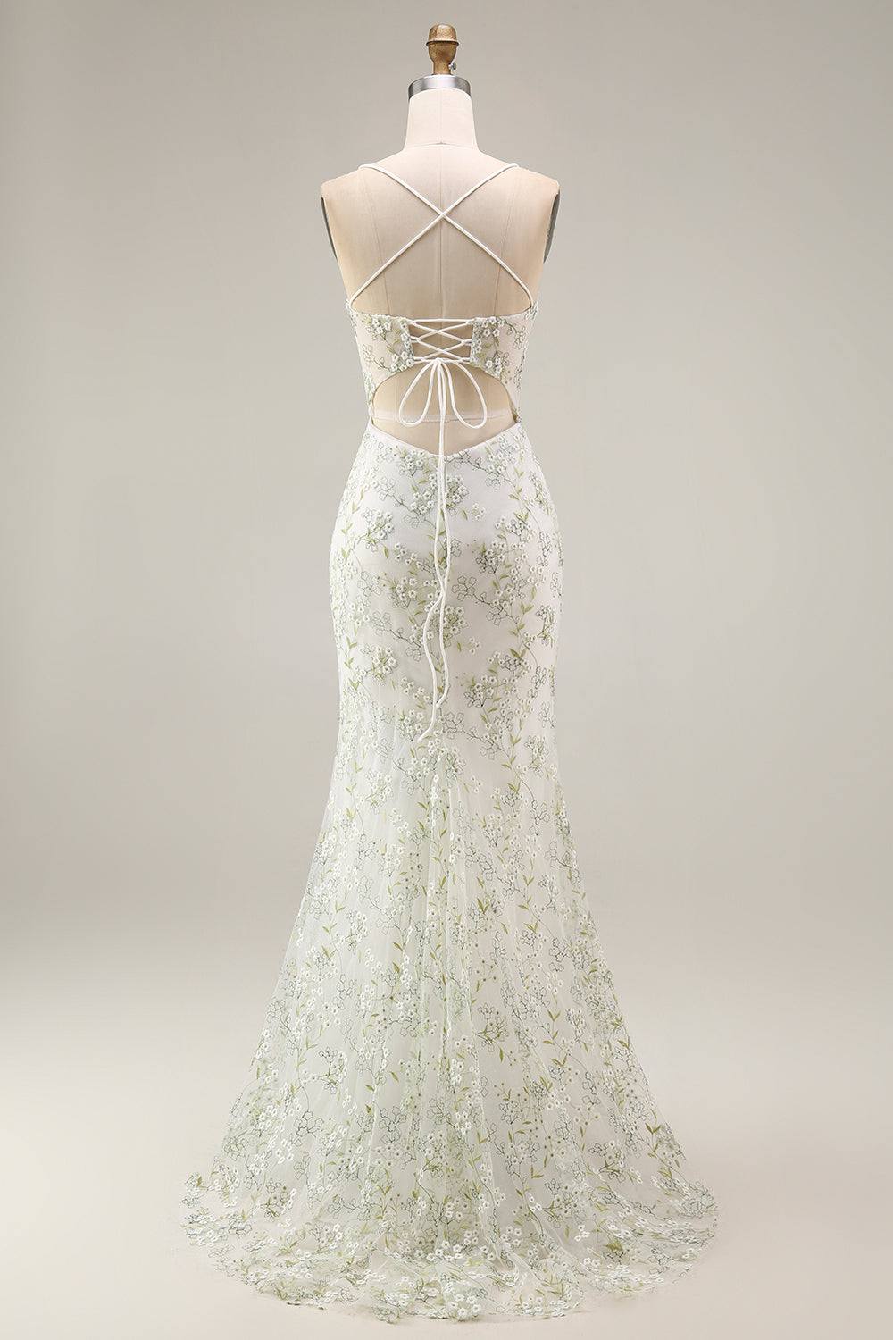 White Floral Mermaid Appliqued Corset Prom Dress