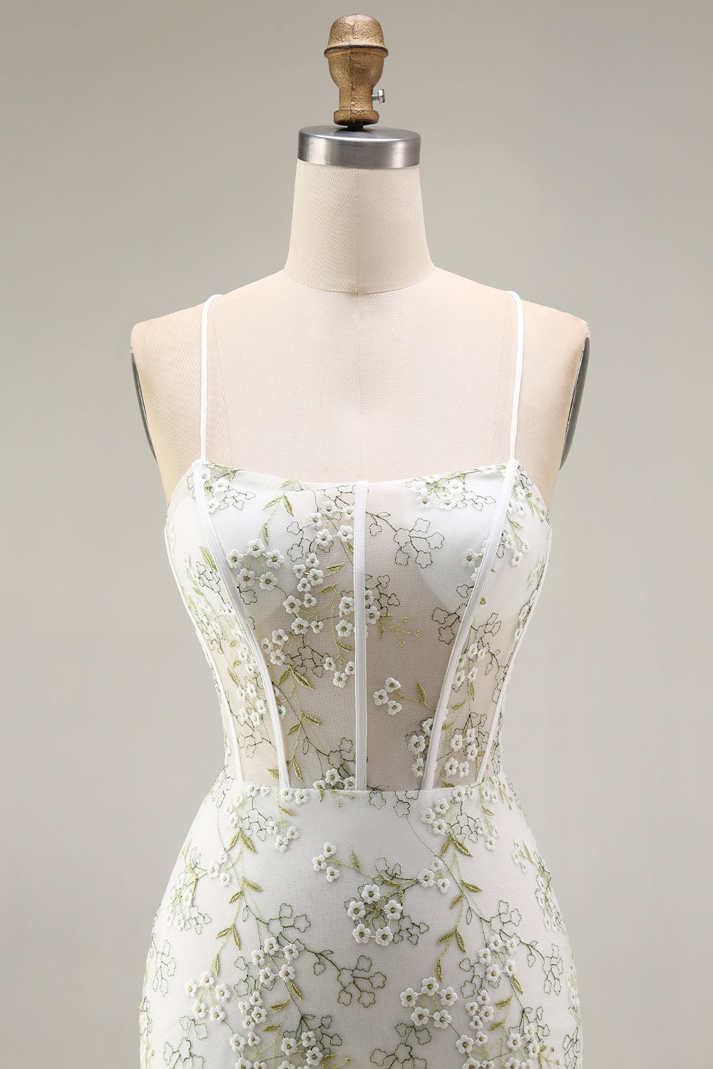 White Floral Mermaid Appliqued Corset Prom Dress