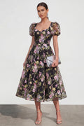 A Line Black Floral Short Sleeve Midi Wedding Guest Dress