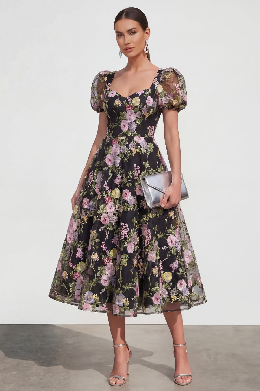 A Line Black Floral Short Sleeve Midi Wedding Guest Dress