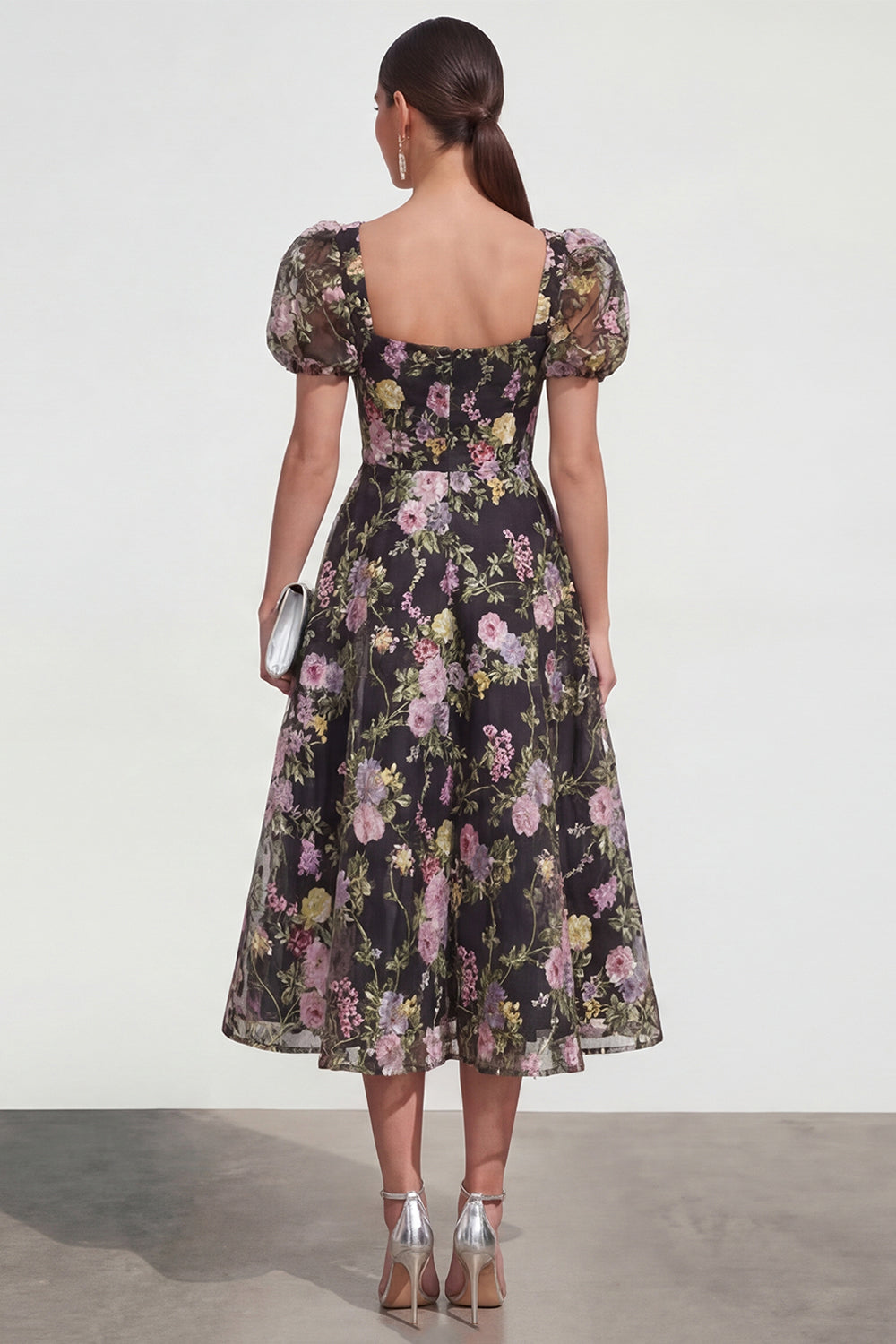 A Line Black Floral Short Sleeve Midi Wedding Guest Dress
