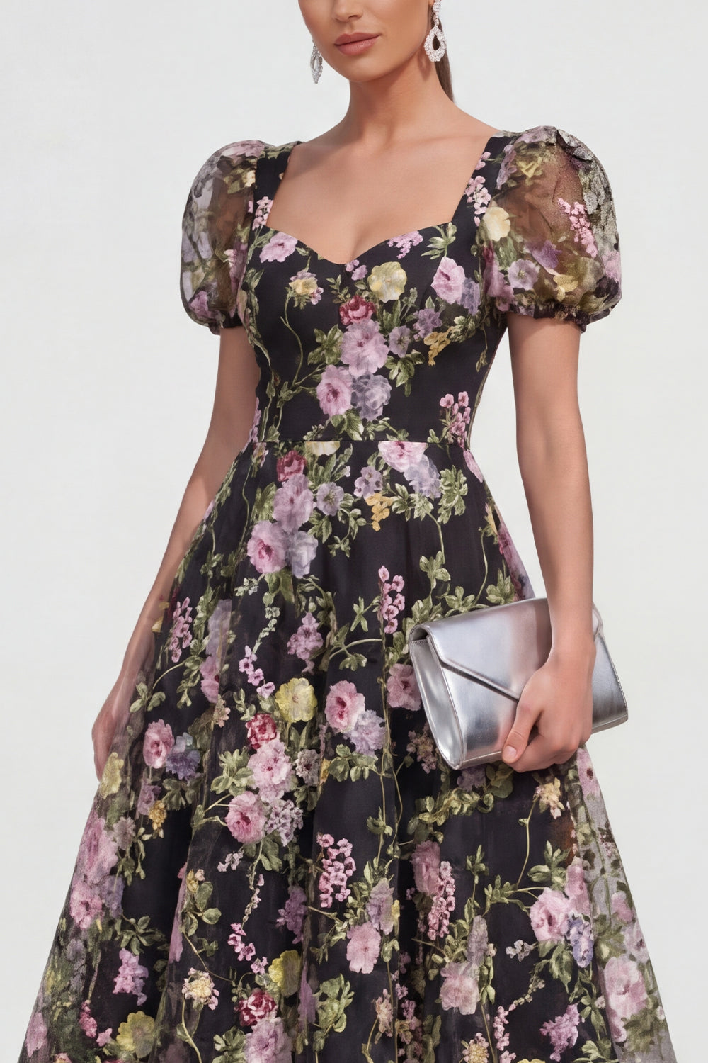 A Line Black Floral Short Sleeve Midi Wedding Guest Dress