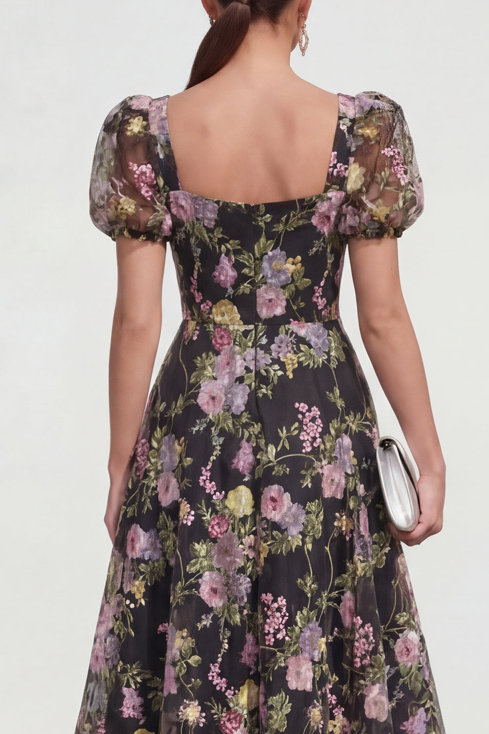 A Line Black Floral Short Sleeve Midi Wedding Guest Dress