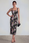 Floral Black Bodycon Midi Wedding Guest Dress