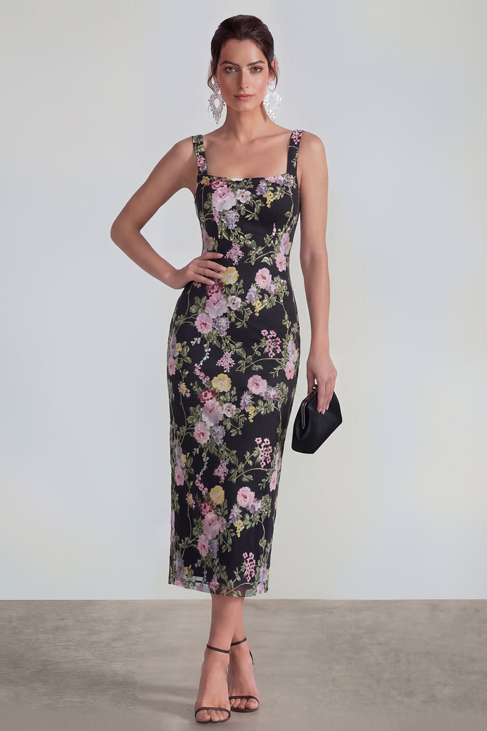 Floral Black Bodycon Midi Wedding Guest Dress