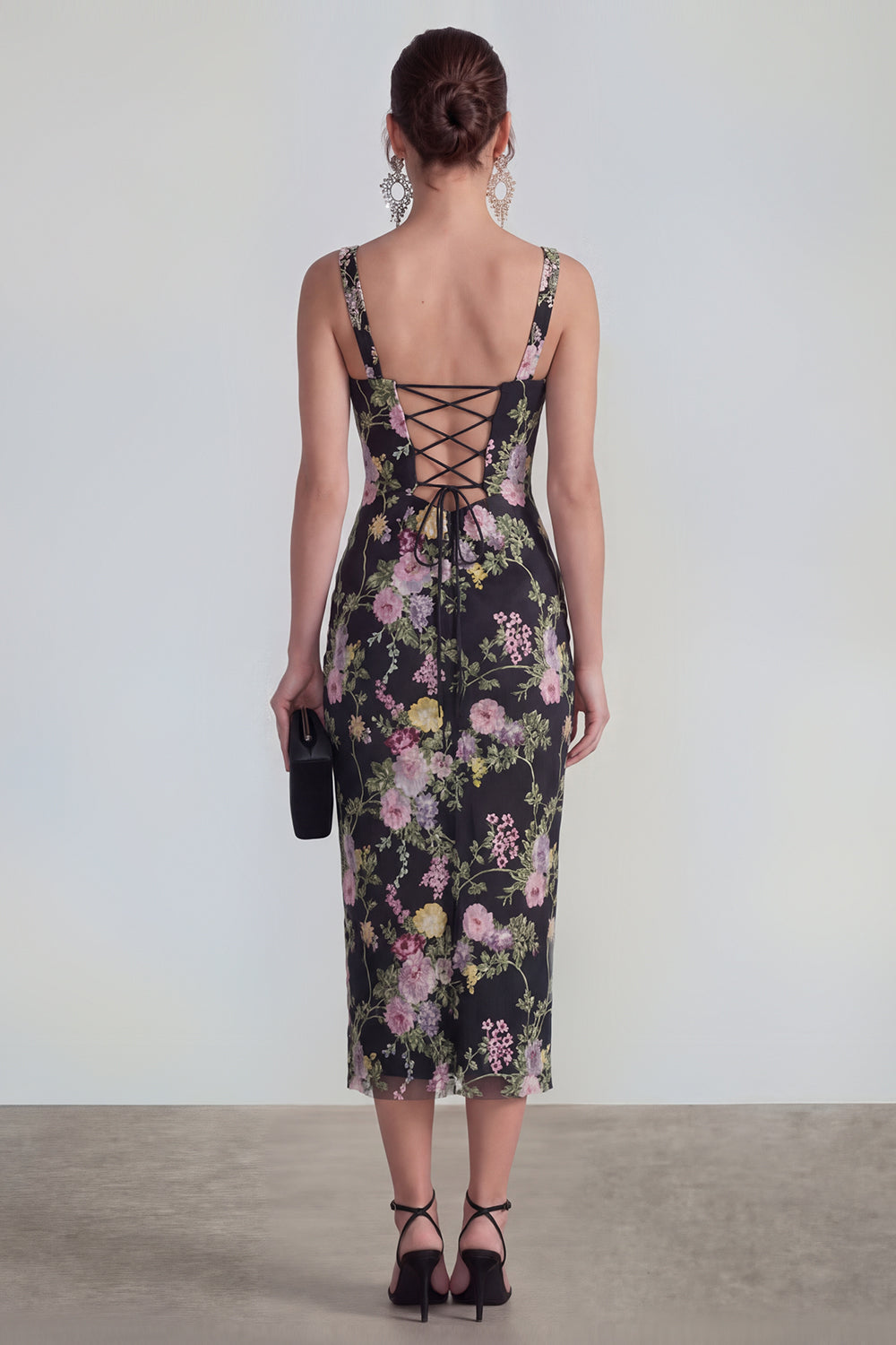 Floral Black Bodycon Midi Wedding Guest Dress