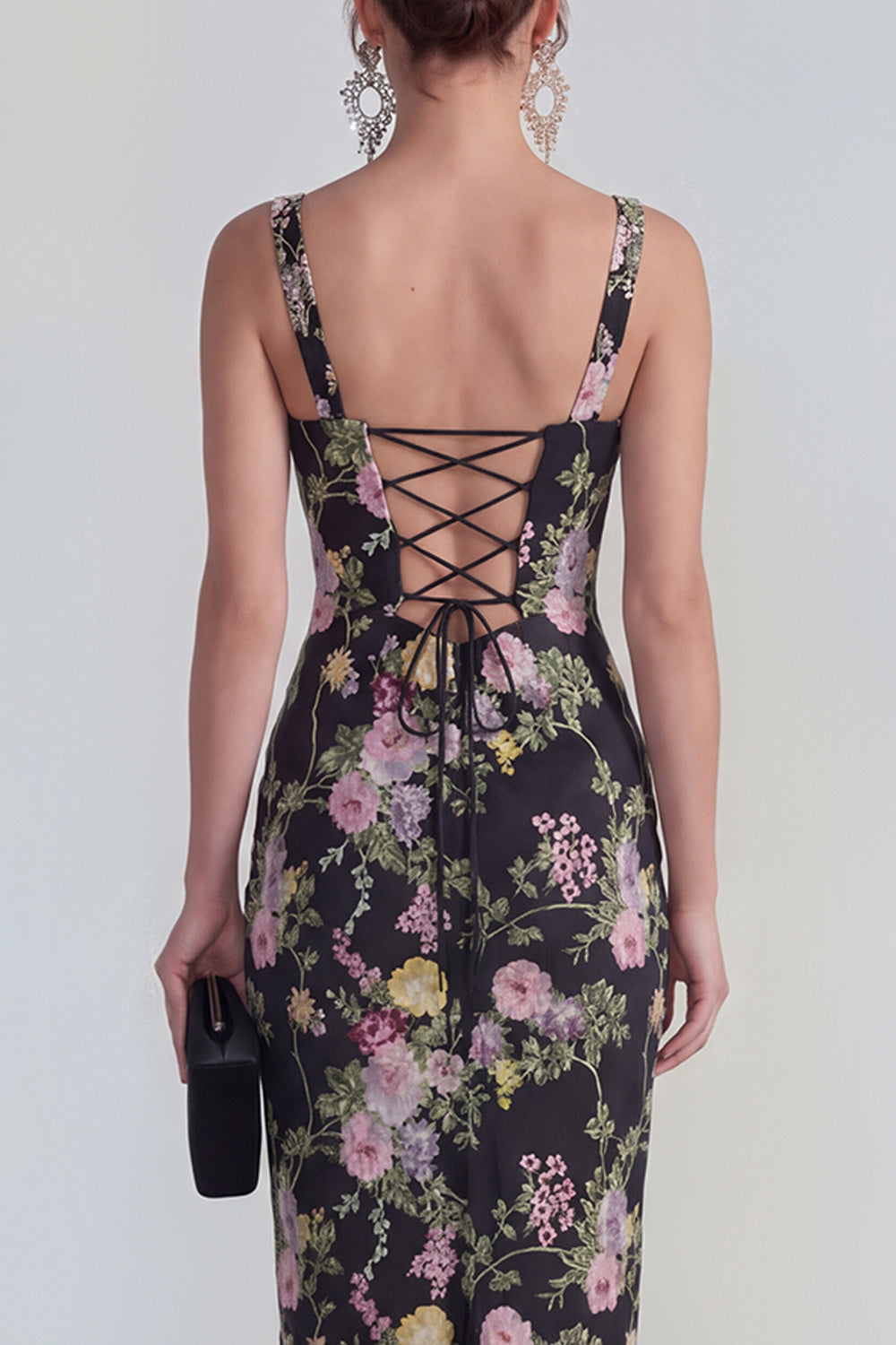 Floral Black Bodycon Midi Wedding Guest Dress