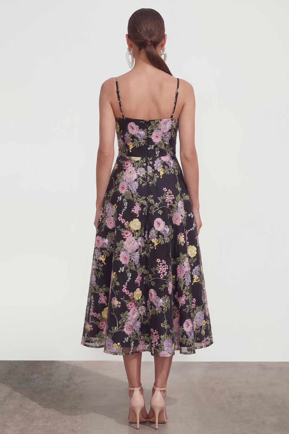 Floral Black A Line Midi Wedding Guest Dress