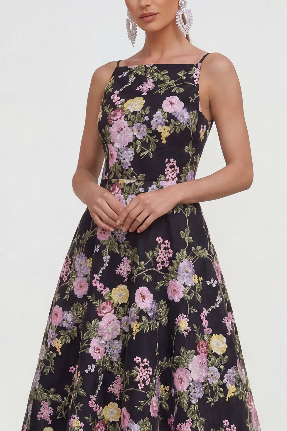 Floral Black A Line Midi Wedding Guest Dress