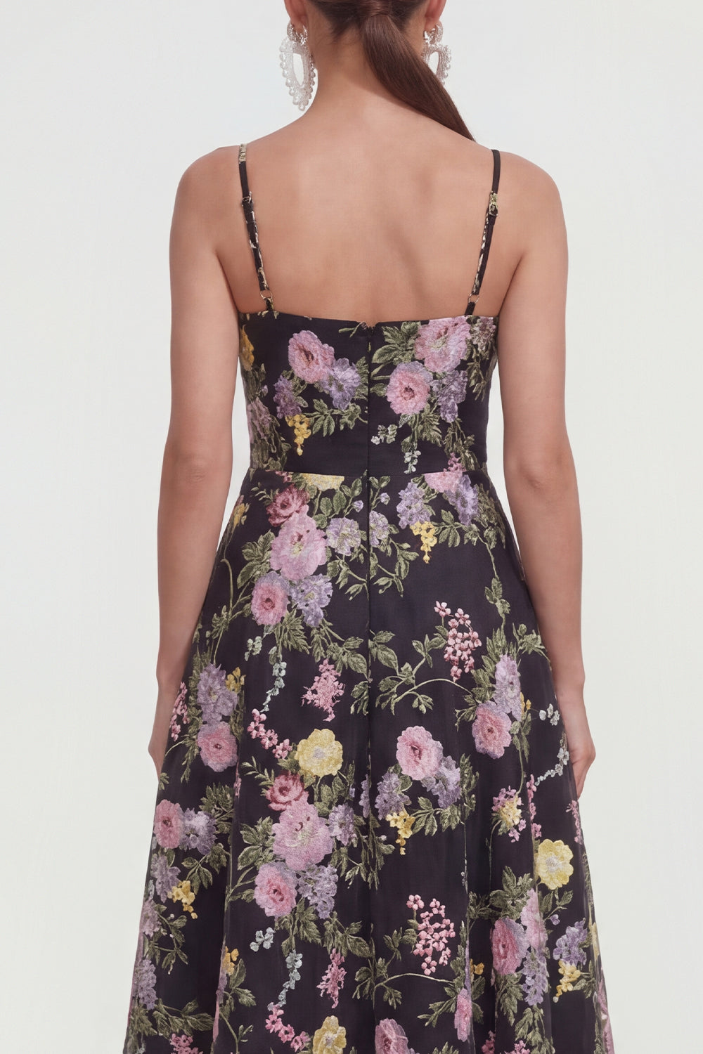 Floral Black A Line Midi Wedding Guest Dress