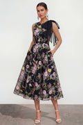 Floral Black Bowed A Line Wedding Guest Dress with Pockets