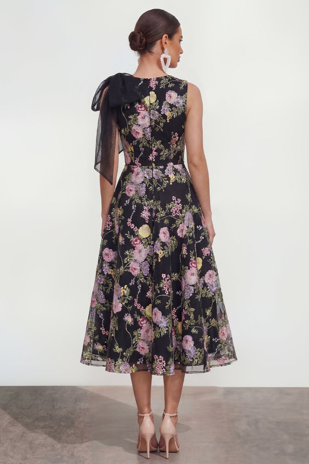 Floral Black Bowed A Line Wedding Guest Dress with Pockets