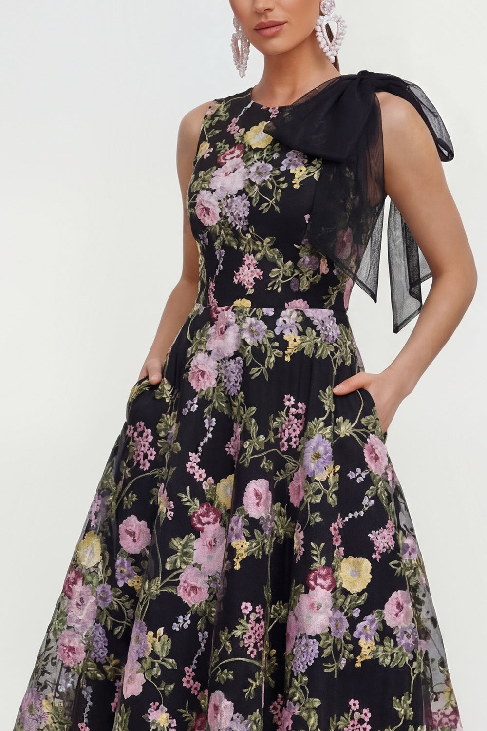 Floral Black Bowed A Line Wedding Guest Dress with Pockets